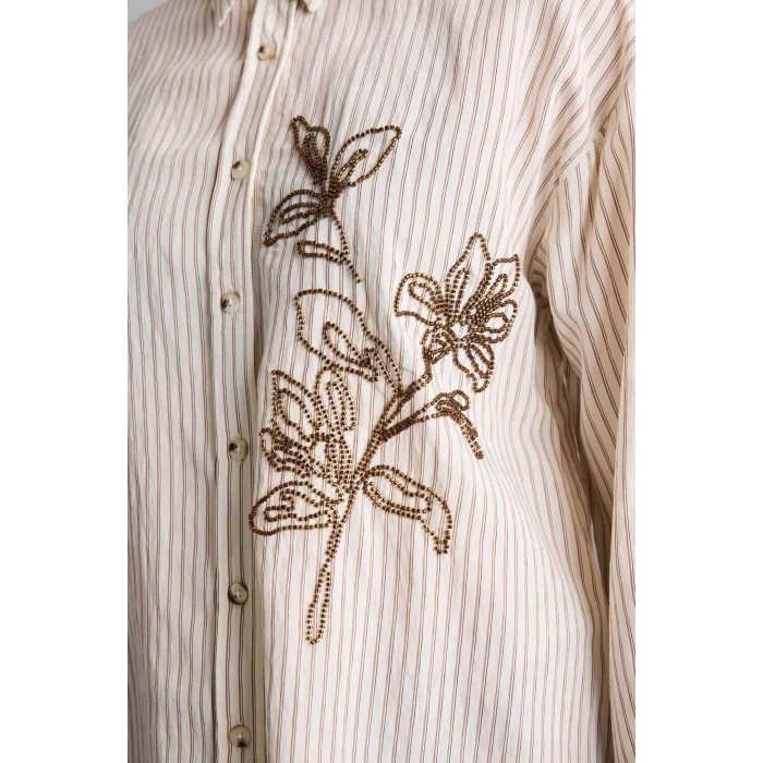 Defacto G9132AXER105 Ekru Relax Fıt Gömlek Yaka Uzun Kollu Gömlek