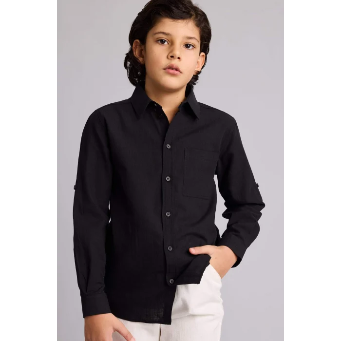Defacto B5983A8BK81 Siyah Regular Fıt Polo Yaka Keten Görünümlü Uzun Kollu Gömlek Erkek Çocuk