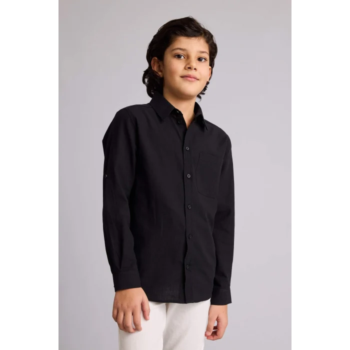 Defacto B5983A8BK81 Siyah Regular Fıt Polo Yaka Keten Görünümlü Uzun Kollu Gömlek Erkek Çocuk