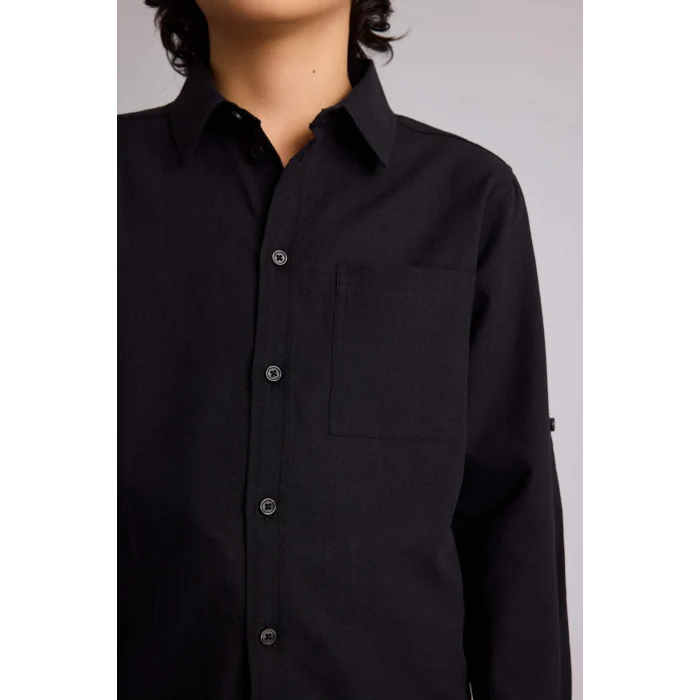 Defacto B5983A8BK81 Siyah Regular Fıt Polo Yaka Keten Görünümlü Uzun Kollu Gömlek Erkek Çocuk