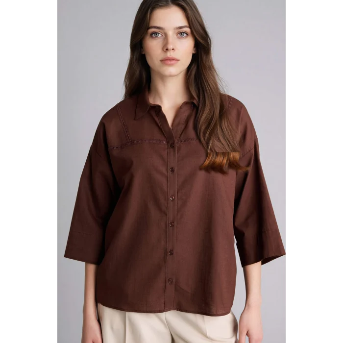 Defacto G0143AXBN320 Kahve Relax Fıt Gömlek Yaka Flamlı Pamuk Uzun Kollu Gömlek