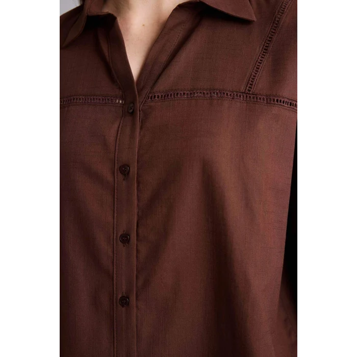 Defacto G0143AXBN320 Kahve Relax Fıt Gömlek Yaka Flamlı Pamuk Uzun Kollu Gömlek