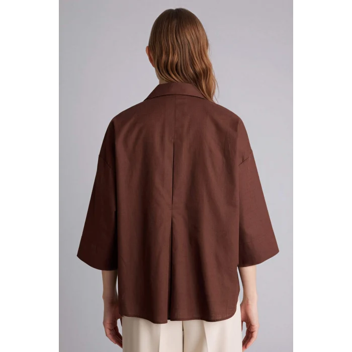 Defacto G0143AXBN320 Kahve Relax Fıt Gömlek Yaka Flamlı Pamuk Uzun Kollu Gömlek