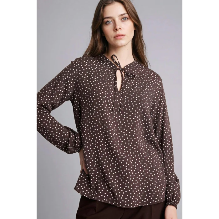 Defacto N1809AZBN323 Kahve Regular Fıt Bisiklet Yaka Baskılı Uzun Kollu Bluz