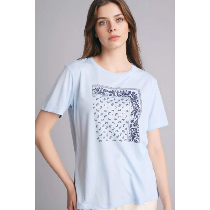 Defacto G2883AXBE177 Mavi Regular Fıt Bisiklet Yaka Baskılı Kısa Kollu Tişört