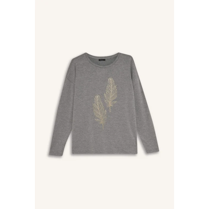 Defacto H1203AXAR53 Antrasit Relax Fıt Bisiklet Yaka Taş Baskılı Uzun Kollu Tişört