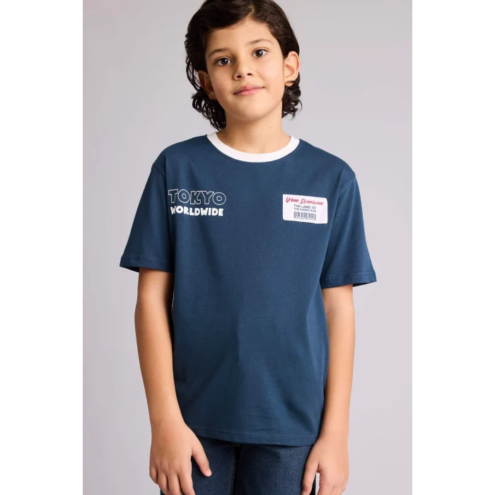Defacto G7470A8NV257 Lacivert New Regular Fıt Bisiklet Yaka Baskılı Kısa Kollu Tişört Erkek Çocuk