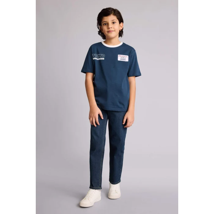 Defacto G7470A8NV257 Lacivert New Regular Fıt Bisiklet Yaka Baskılı Kısa Kollu Tişört Erkek Çocuk