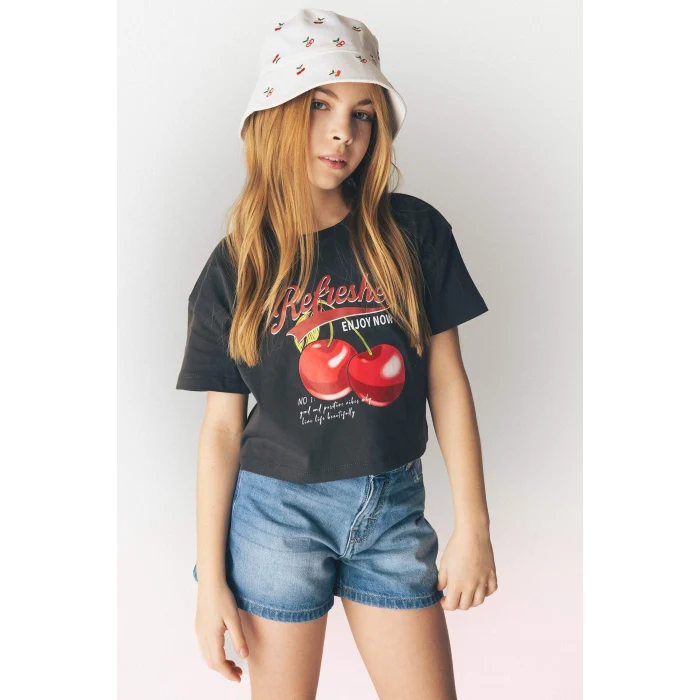 Defacto E0384A8AR211 Antrasit Bisiklet Yaka Baskılı Kısa Kollu Tişört Kız Çocuk