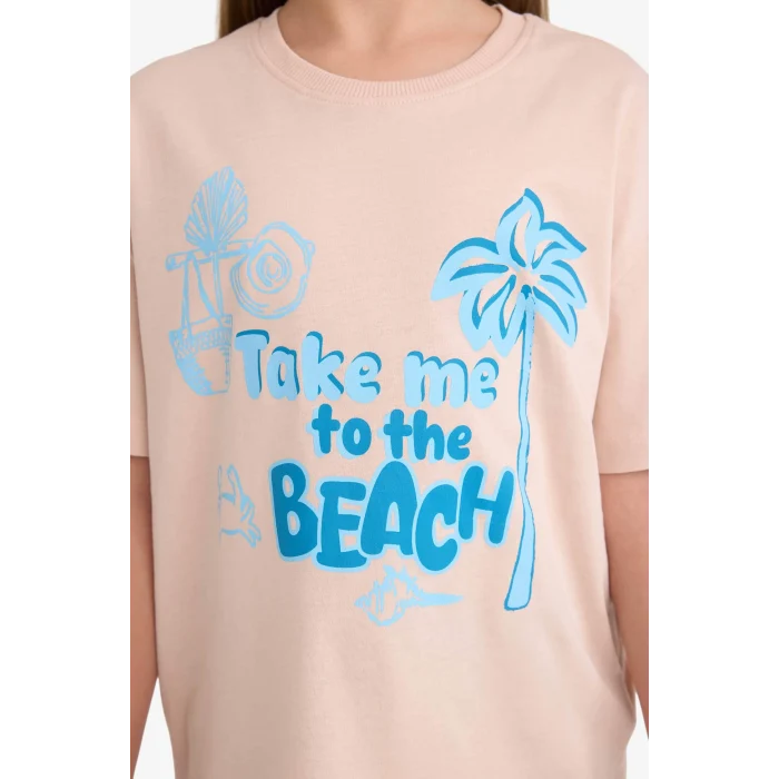 Defacto E0389A8PN287 Pembe Relax Fit Bisiklet Yaka Baskılı Kısa Kollu Tişört Kız Çocuk