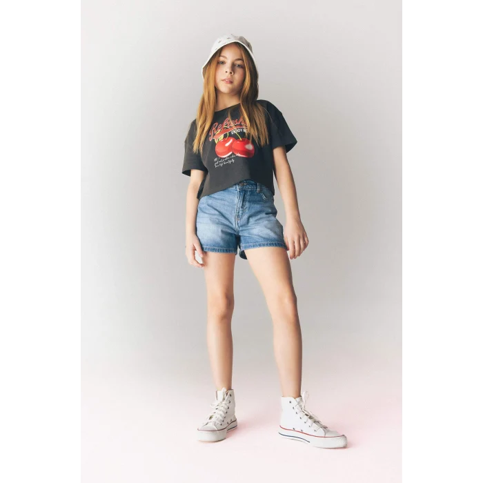 Defacto E0384A8AR211 Antrasit Bisiklet Yaka Baskılı Kısa Kollu Tişört Kız Çocuk