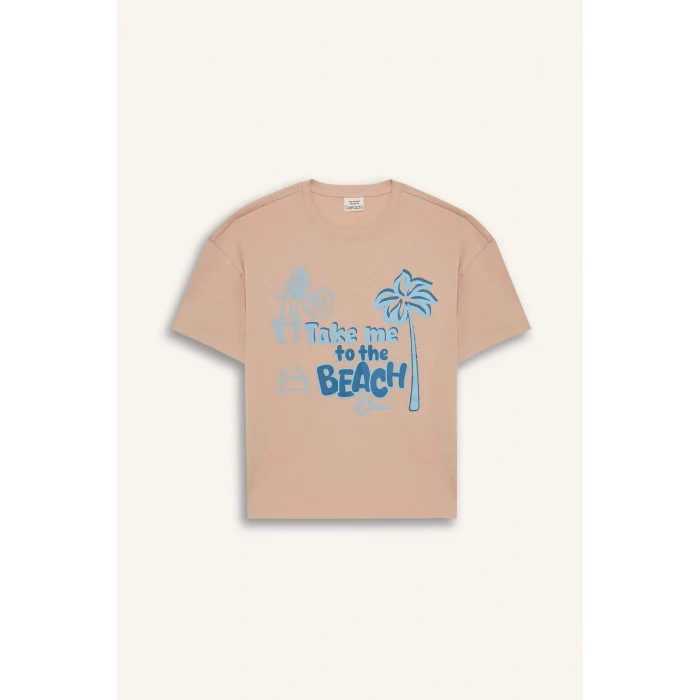 Defacto E0389A8PN287 Pembe Relax Fit Bisiklet Yaka Baskılı Kısa Kollu Tişört Kız Çocuk