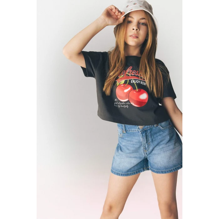 Defacto E0384A8AR211 Antrasit Bisiklet Yaka Baskılı Kısa Kollu Tişört Kız Çocuk