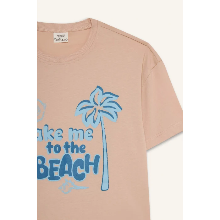 Defacto E0389A8PN287 Pembe Relax Fit Bisiklet Yaka Baskılı Kısa Kollu Tişört Kız Çocuk