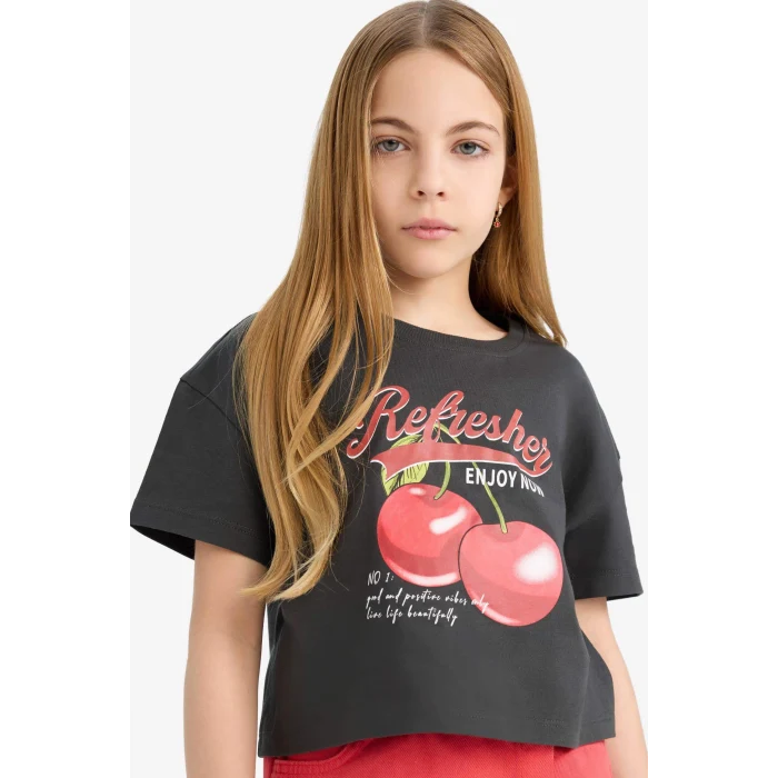 Defacto E0384A8AR211 Antrasit Bisiklet Yaka Baskılı Kısa Kollu Tişört Kız Çocuk