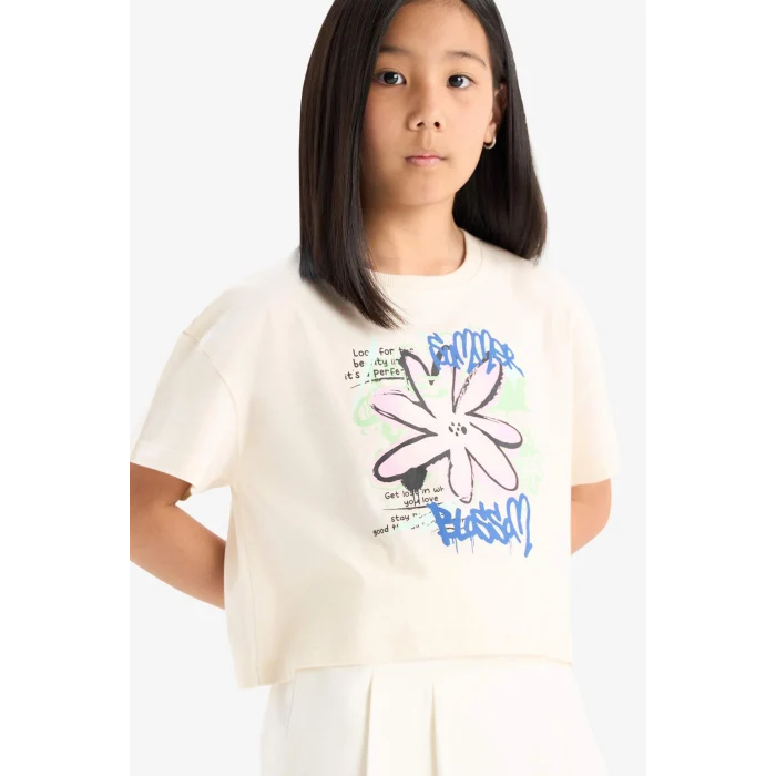 Defacto E0384A8ER233 Ekru Bisiklet Yaka Baskılı Kısa Kollu Tişört Kız Çocuk