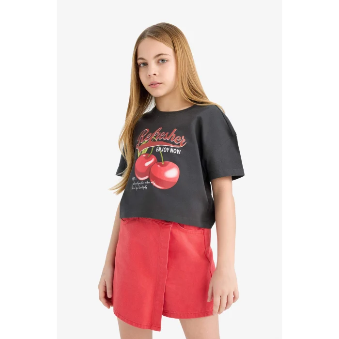 Defacto E0384A8AR211 Antrasit Bisiklet Yaka Baskılı Kısa Kollu Tişört Kız Çocuk