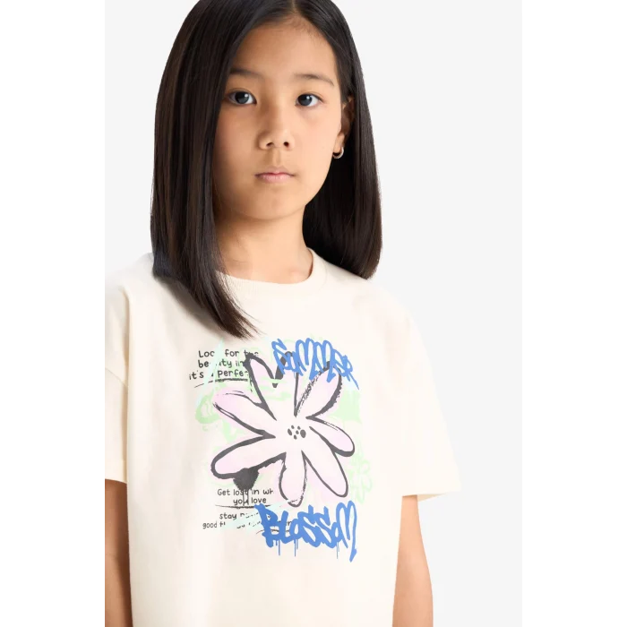 Defacto E0384A8ER233 Ekru Bisiklet Yaka Baskılı Kısa Kollu Tişört Kız Çocuk