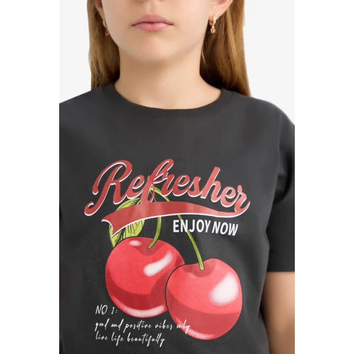 Defacto E0384A8AR211 Antrasit Bisiklet Yaka Baskılı Kısa Kollu Tişört Kız Çocuk