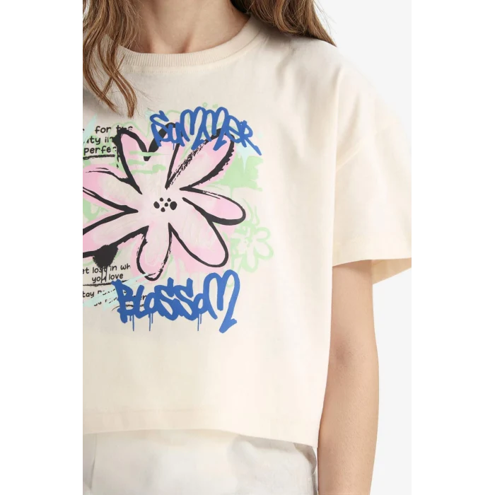 Defacto E0384A8ER233 Ekru Bisiklet Yaka Baskılı Kısa Kollu Tişört Kız Çocuk