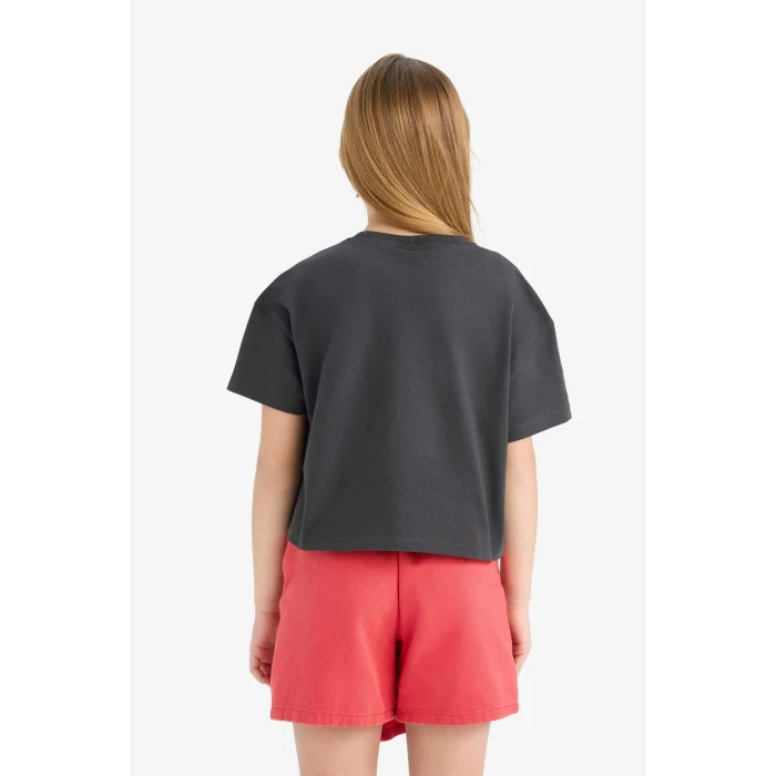 Defacto E0384A8AR211 Antrasit Bisiklet Yaka Baskılı Kısa Kollu Tişört Kız Çocuk