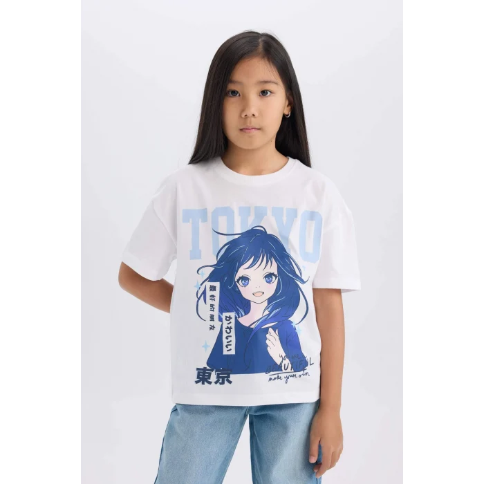 Defacto D8555A8WT34 Beyaz Relax Fit Bisiklet Yaka Baskılı Kısa Kollu Tişört Kız Çocuk