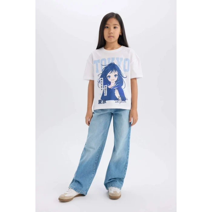 Defacto D8555A8WT34 Beyaz Relax Fit Bisiklet Yaka Baskılı Kısa Kollu Tişört Kız Çocuk