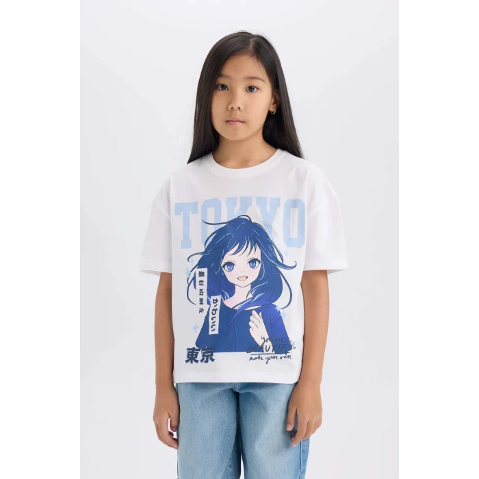 Defacto D8555A8WT34 Beyaz Relax Fit Bisiklet Yaka Baskılı Kısa Kollu Tişört Kız Çocuk