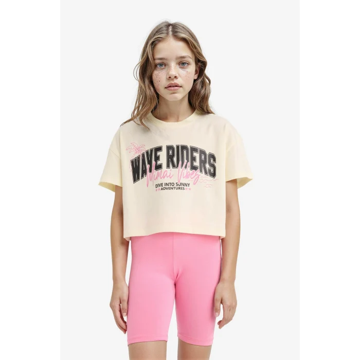 Defacto E0352A8ER183 Ekru Bisiklet Yaka Baskılı Kısa Kollu Tişört Kız Çocuk