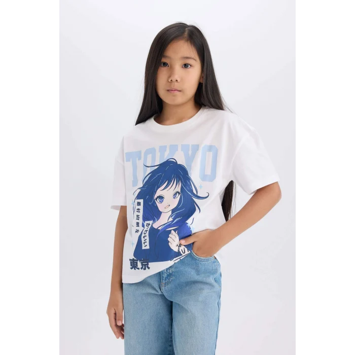 Defacto D8555A8WT34 Beyaz Relax Fit Bisiklet Yaka Baskılı Kısa Kollu Tişört Kız Çocuk