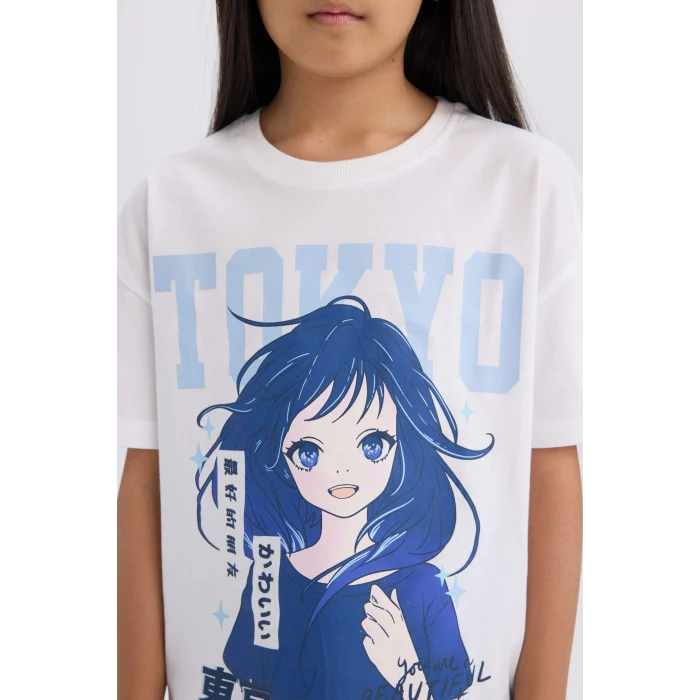 Defacto D8555A8WT34 Beyaz Relax Fit Bisiklet Yaka Baskılı Kısa Kollu Tişört Kız Çocuk
