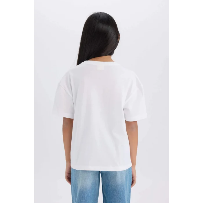 Defacto D8555A8WT34 Beyaz Relax Fit Bisiklet Yaka Baskılı Kısa Kollu Tişört Kız Çocuk