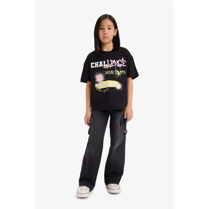 Defacto E0386A8BK81 Siyah Oversize Geniş Kalıp Bisiklet Yaka Baskılı Kısa Kollu Tişört Kız Çocuk