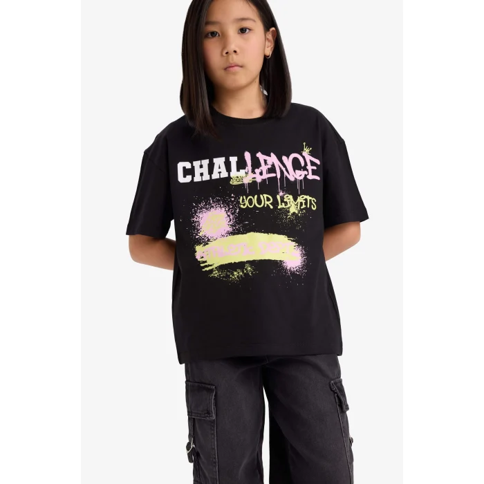 Defacto E0386A8BK81 Siyah Oversize Geniş Kalıp Bisiklet Yaka Baskılı Kısa Kollu Tişört Kız Çocuk