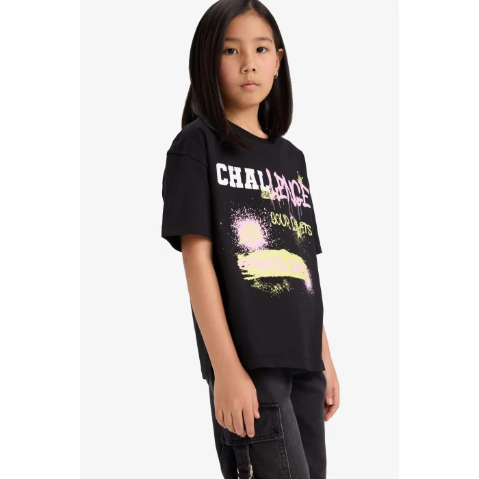 Defacto E0386A8BK81 Siyah Oversize Geniş Kalıp Bisiklet Yaka Baskılı Kısa Kollu Tişört Kız Çocuk