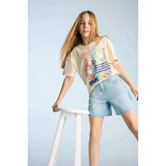 Defacto E0386A8ER134 Ekru Oversize Geniş Kalıp Bisiklet Yaka Kısa Kollu Tişört Kız Çocuk
