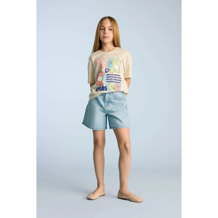 Defacto E0386A8ER134 Ekru Oversize Geniş Kalıp Bisiklet Yaka Kısa Kollu Tişört Kız Çocuk