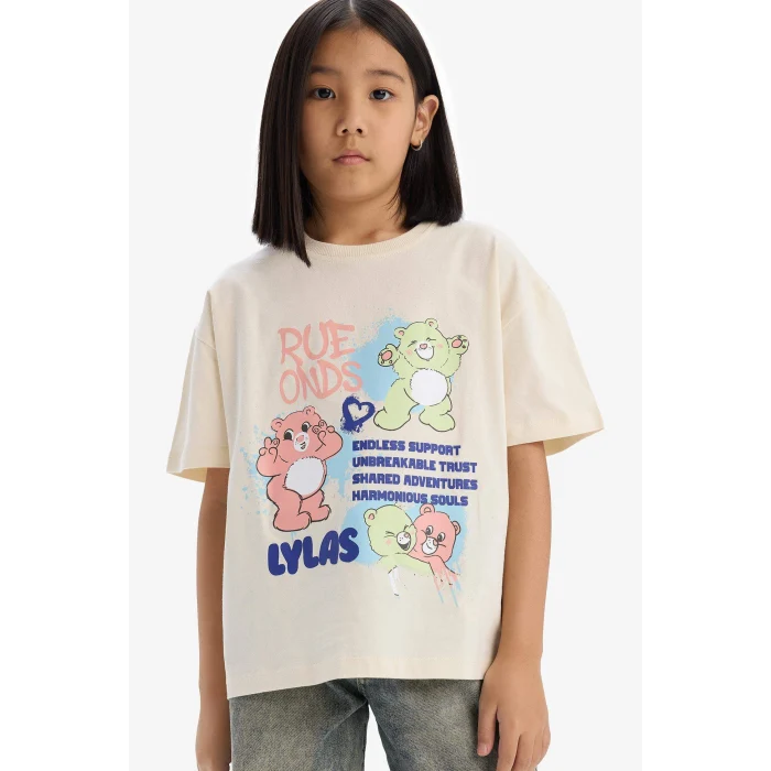 Defacto E0386A8ER134 Ekru Oversize Geniş Kalıp Bisiklet Yaka Kısa Kollu Tişört Kız Çocuk