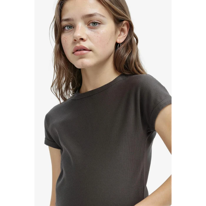 Defacto B3053A8AR211 Antrasit Slim Fit Dar Kesim Bisiklet Yaka Basic Düz Fitilli Kaşkorse Kısa Kollu Tişört Kız Çocuk