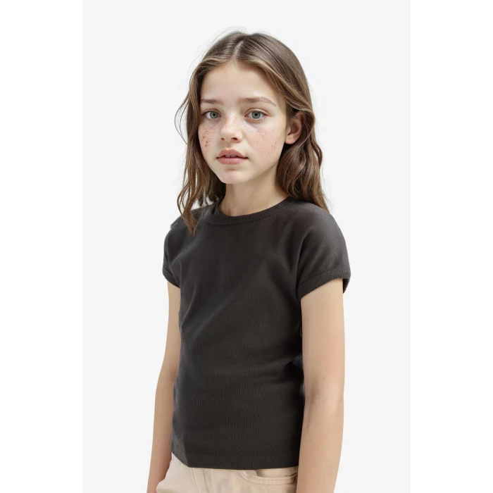 Defacto B3053A8AR211 Antrasit Slim Fit Dar Kesim Bisiklet Yaka Basic Düz Fitilli Kaşkorse Kısa Kollu Tişört Kız Çocuk