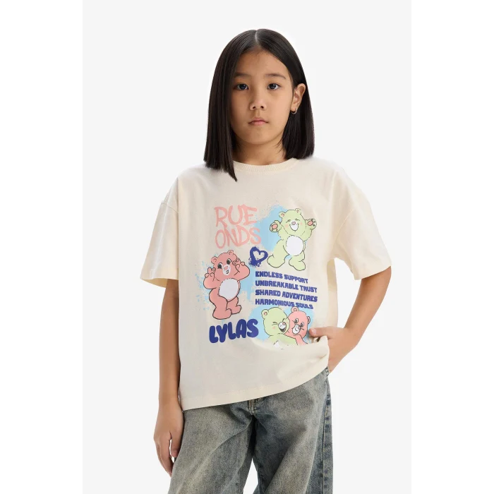 Defacto E0386A8ER134 Ekru Oversize Geniş Kalıp Bisiklet Yaka Kısa Kollu Tişört Kız Çocuk