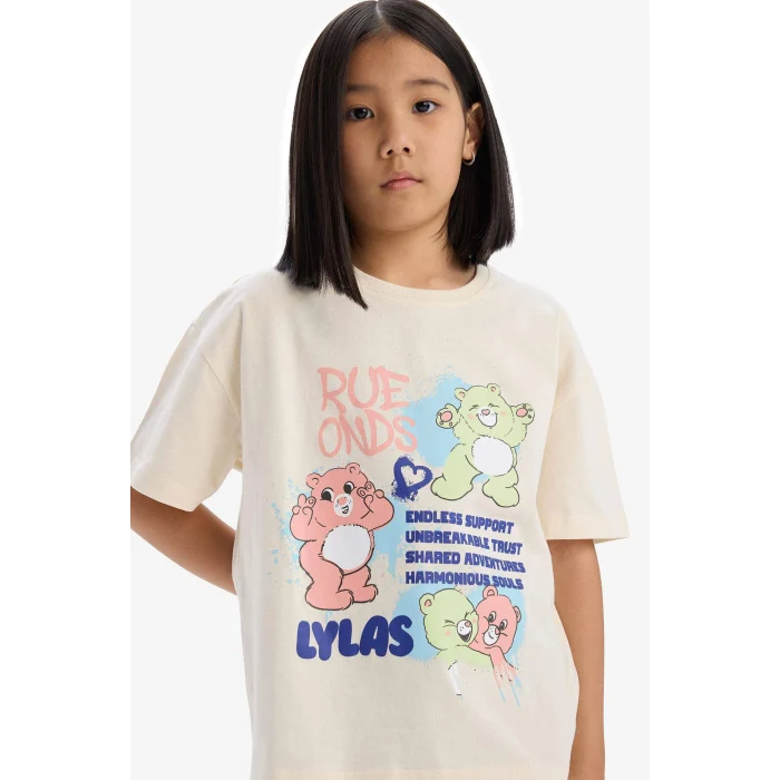 Defacto E0386A8ER134 Ekru Oversize Geniş Kalıp Bisiklet Yaka Kısa Kollu Tişört Kız Çocuk