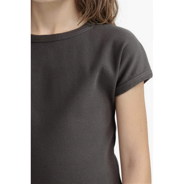 Defacto B3053A8AR211 Antrasit Slim Fit Dar Kesim Bisiklet Yaka Basic Düz Fitilli Kaşkorse Kısa Kollu Tişört Kız Çocuk