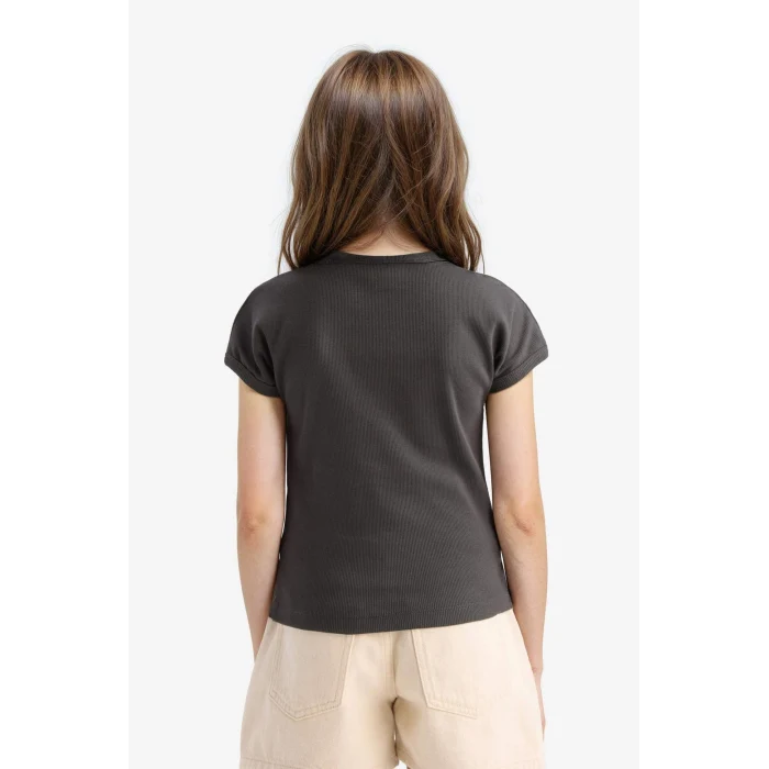 Defacto B3053A8AR211 Antrasit Slim Fit Dar Kesim Bisiklet Yaka Basic Düz Fitilli Kaşkorse Kısa Kollu Tişört Kız Çocuk