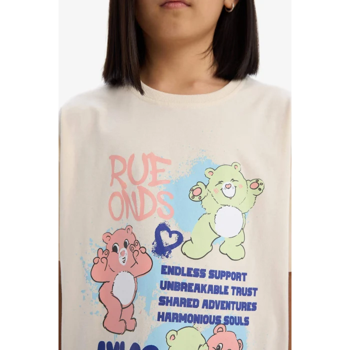 Defacto E0386A8ER134 Ekru Oversize Geniş Kalıp Bisiklet Yaka Kısa Kollu Tişört Kız Çocuk