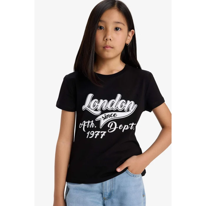 Defacto E5898A8BK81 Siyah Bisiklet Yaka Baskılı Kısa Kollu Tişört Kız Çocuk