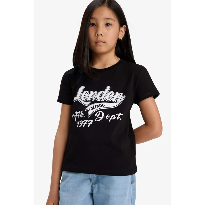 Defacto E5898A8BK81 Siyah Bisiklet Yaka Baskılı Kısa Kollu Tişört Kız Çocuk