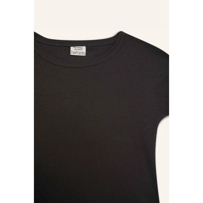 Defacto B3053A8AR211 Antrasit Slim Fit Dar Kesim Bisiklet Yaka Basic Düz Fitilli Kaşkorse Kısa Kollu Tişört Kız Çocuk