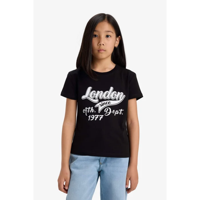 Defacto E5898A8BK81 Siyah Bisiklet Yaka Baskılı Kısa Kollu Tişört Kız Çocuk