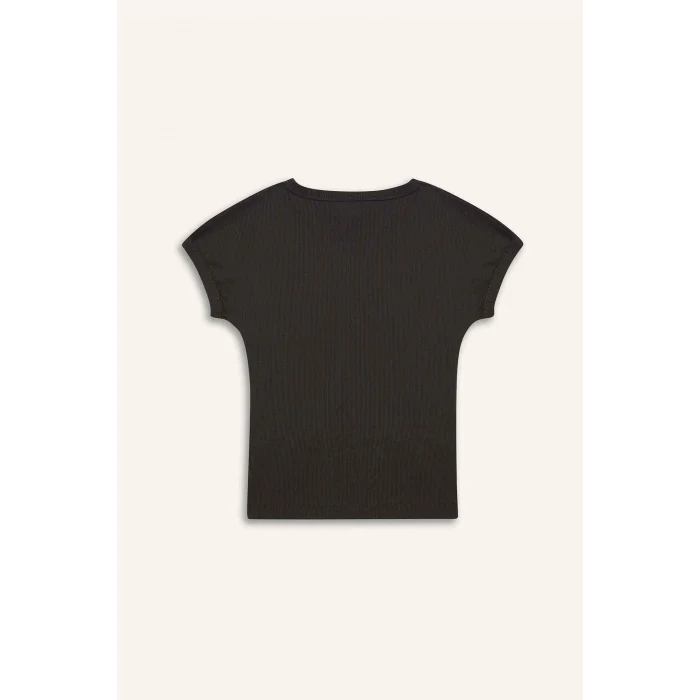 Defacto B3053A8AR211 Antrasit Slim Fit Dar Kesim Bisiklet Yaka Basic Düz Fitilli Kaşkorse Kısa Kollu Tişört Kız Çocuk